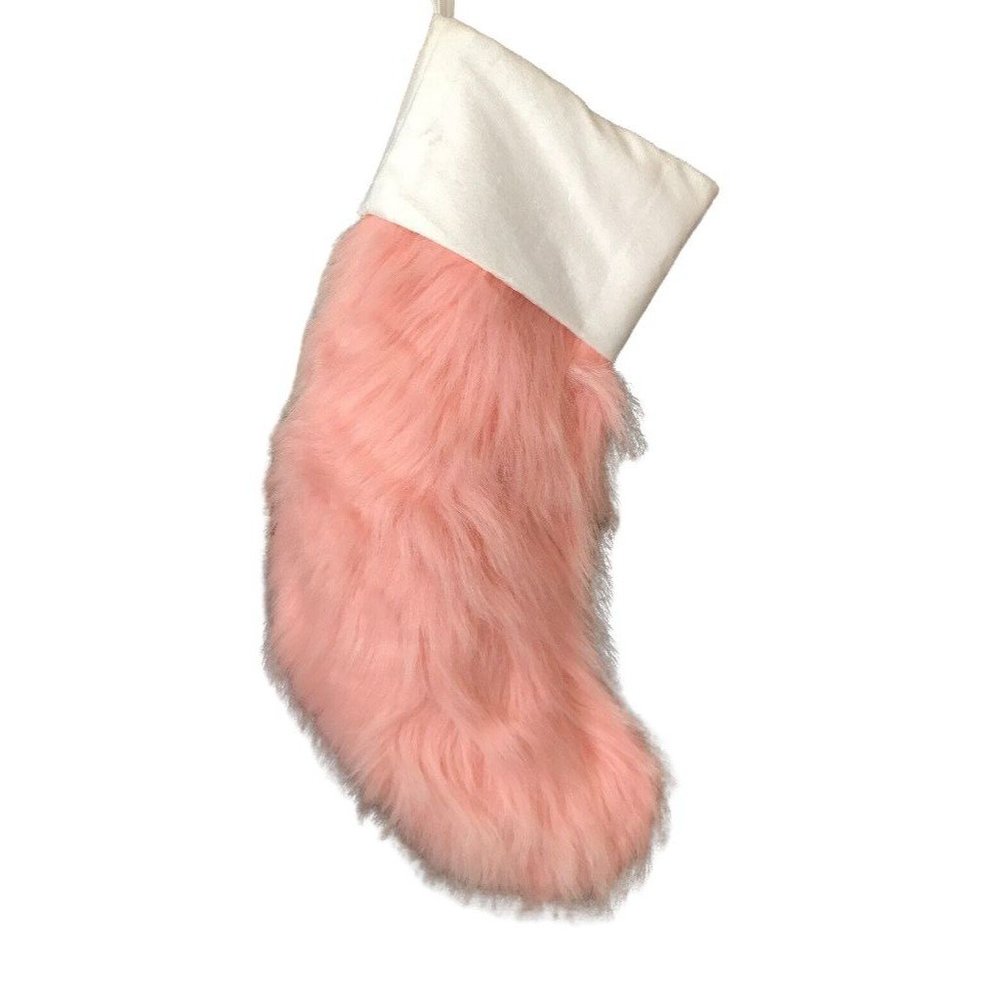 Macy's New NWT Pink Plush Furry Holiday Stocking Satin Lining Holiday Lane Spark